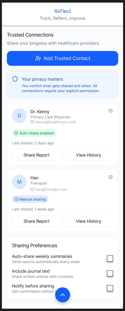 Once you press the share button, it brings you to a new screen that shows who you have shared the report with. In addition there is a Add Trusted Indiviual option to share the report with sharing preferences such as Auto Share, notify before sharing, and more