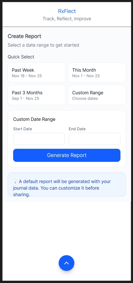 Once user saves their report, they can view their report, press the share button to share it with a trusted indiviual, or download the report.
