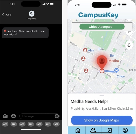 After image of status update text messages and mobile phone screen of friend and user's locations to both user and friend.