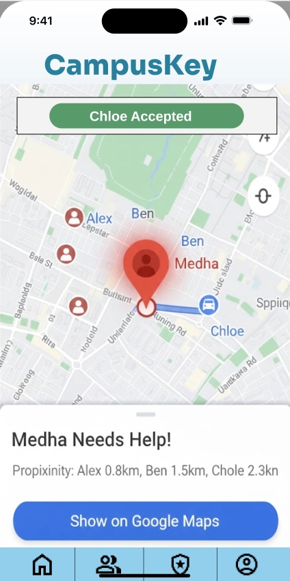 Screen capture of the app showing the live location of the friend who accepted the request.