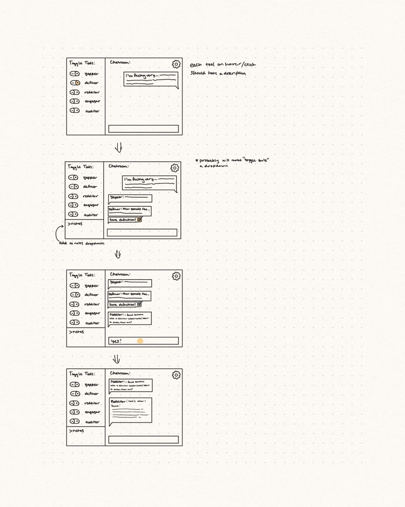 Storyboard panel showing a user journaling chronic symptoms in plain language before any medical labeling.
