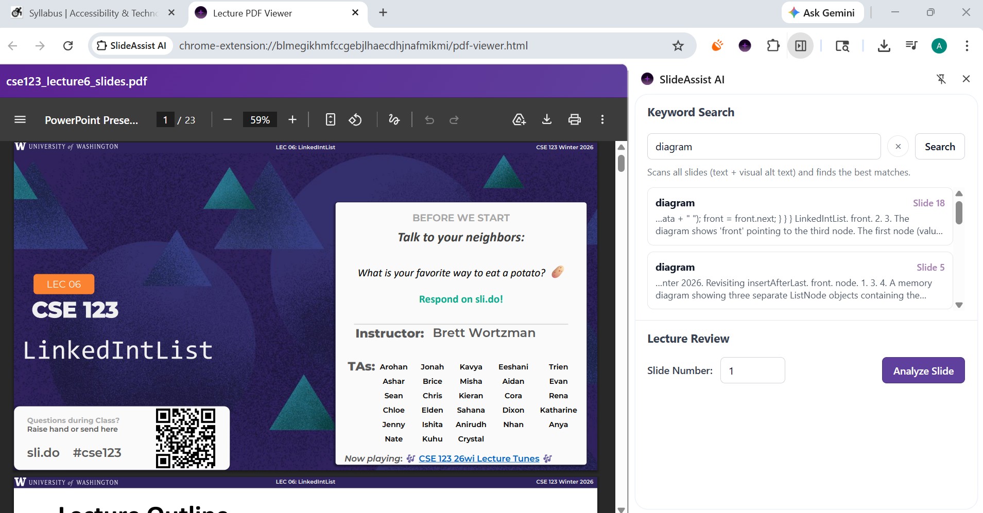 SlideAssist AI Chrome extension side panel displayed beside a PDF lecture viewer showing CSE 123 LinkedIntList slides. The panel includes a keyword search for "diagram" with matching slide results and a lecture review section with a slide number input and a purple "Analyze Slide" button.