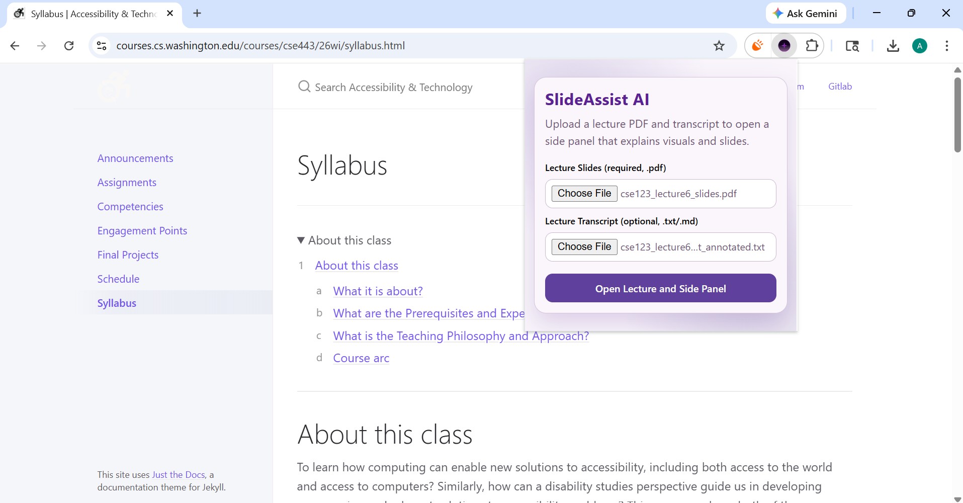 SlideAssist AI Chrome extension popup over a university course syllabus webpage, showing options to upload lecture slides and an optional transcript, with a purple "Open Lecture and Side Panel" button.