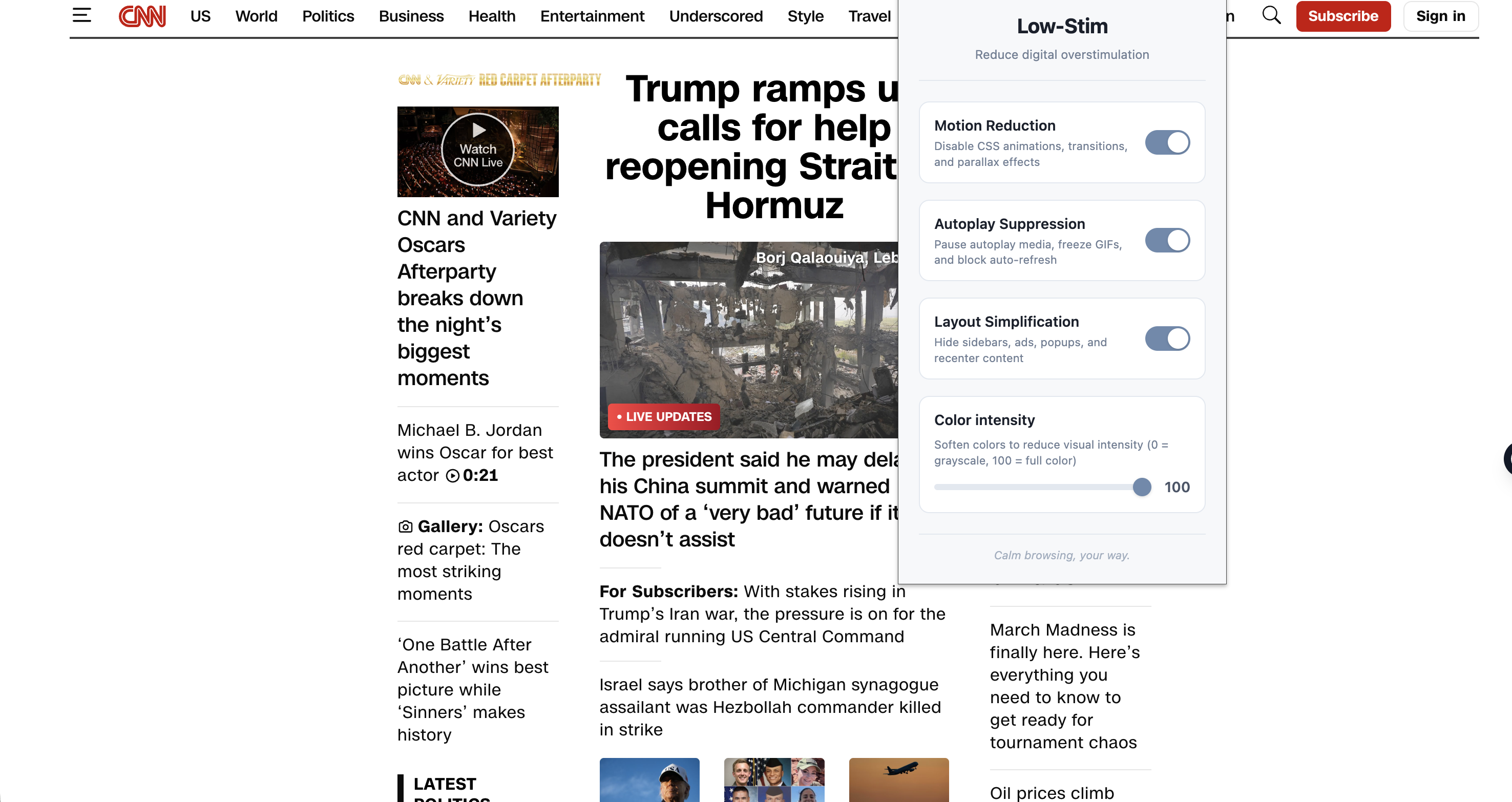 Screenshot showing the Hide Distracting Element feature in use on the CNN home page. The layout is simpler and there elements that would normally be autoplayed are suppressed.