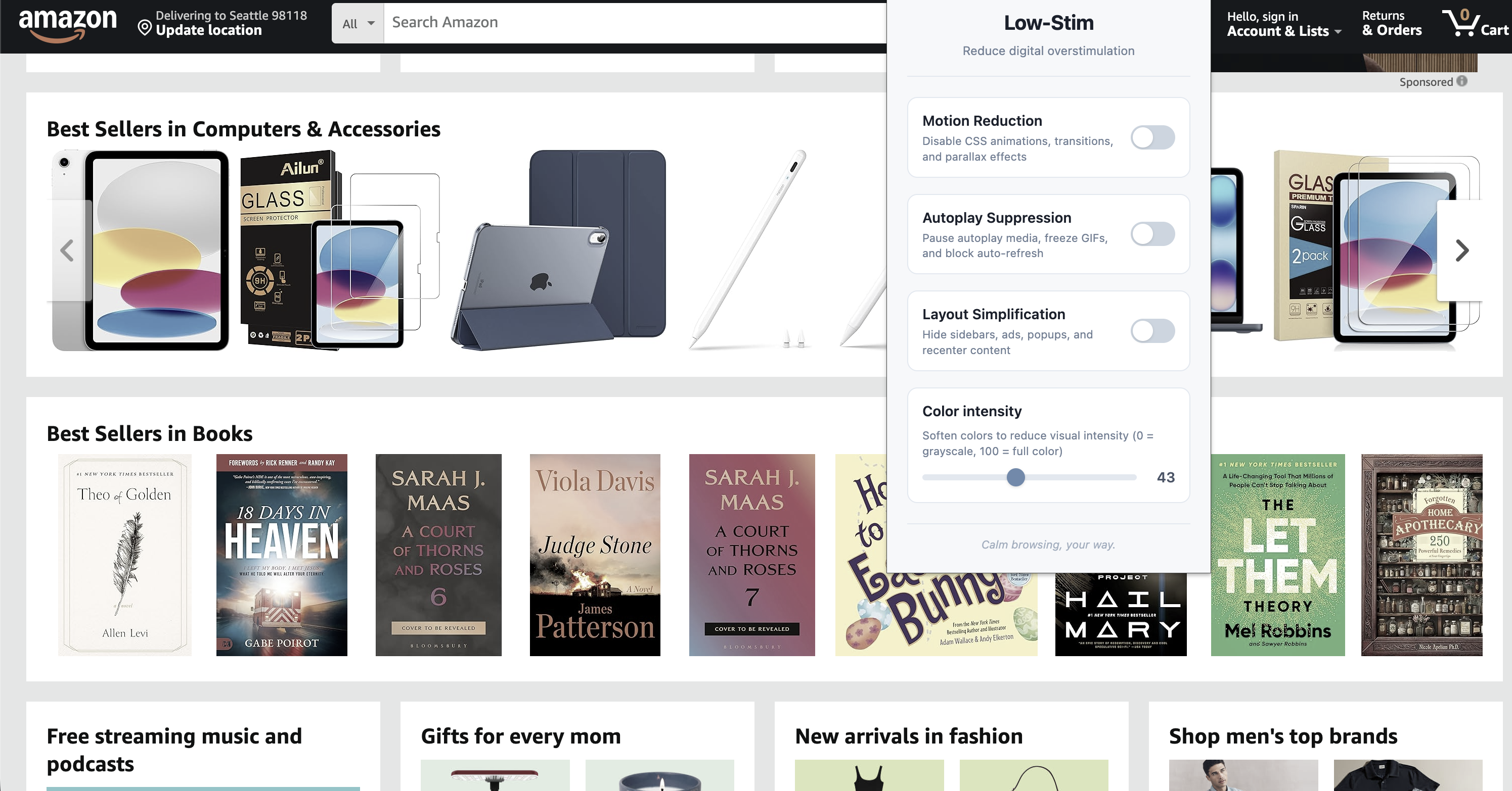 Screenshot showing the Mute Colors feature applied to the Amazon home page. There are many products, but the vibrancy of the colors is toned down.