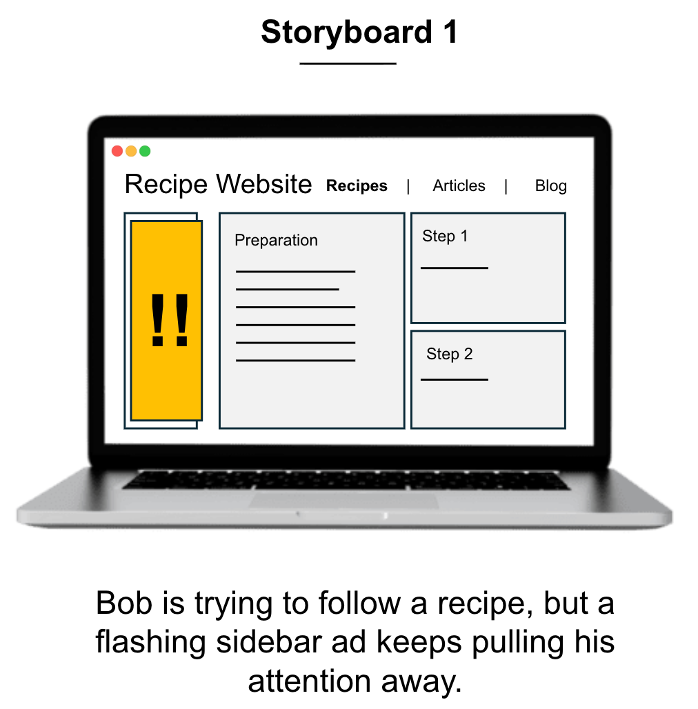 A recipe website is open with sections for “Preparation,” “Step 1,” and “Step 2,” but a large flashing sidebar ad with exclamation marks distracts from the content.