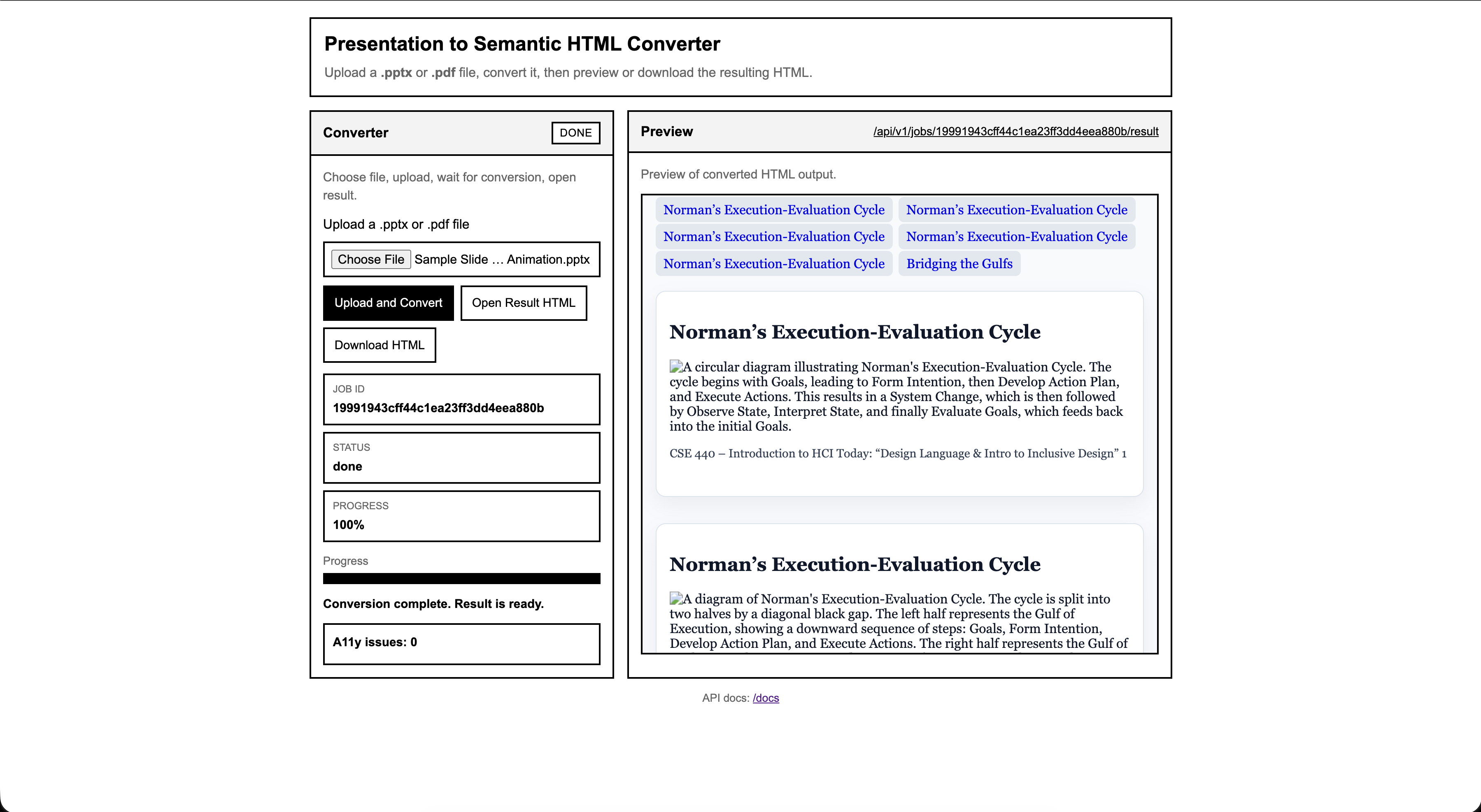 Screenshot of the Presentation to Semantic HTML Converter interface showing upload controls, completed job status, and a preview of converted HTML content with headings and image descriptions.