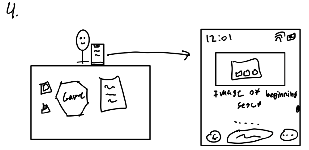 There is a table with a board game laid atop it. There is someone sitting at the table on their phone. The phone displays  an image of the beginning state of the board game. Followed by the text " Image of beginning of setup". There are dots at the bottom of the screen to indicate there is more content to be viewed and scrolled to.
