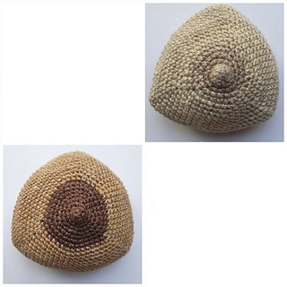 :img A picture of two different /knockers/: realistic stuffed crochet breasts for use by breast cancer survivors, 100%, width
