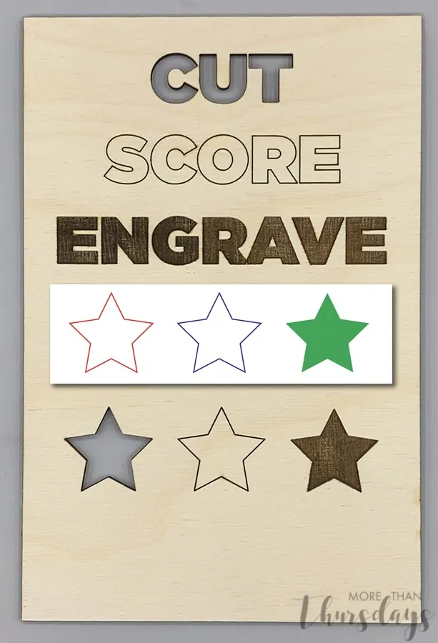 :img Illustration of cutting scoring and engraving first with those words and then with stars. Cutting cuts a hole; Scoring outlines something; and Engraving burns it into the wood, 70%, width