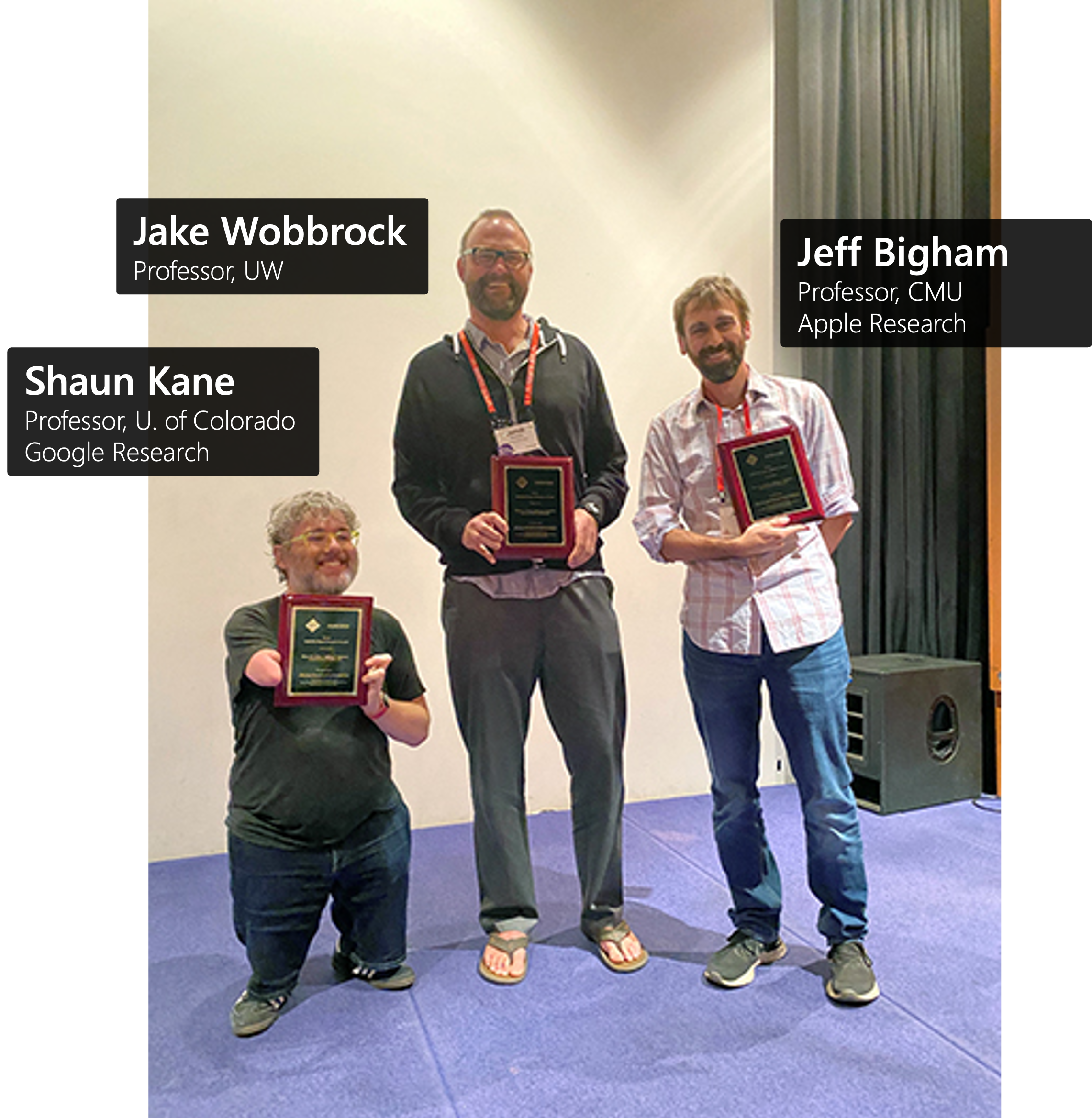 :img A picture titled SIGACCESS Lasting Impact Award showing Jake Wobbrock; Shaun Kane; and Jeff Bigham holding their lasting impact award placards and smiling,100%, width