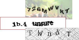 :img Screen shots of three different captchas with various hard to read letters and numbers on them, 100%, width