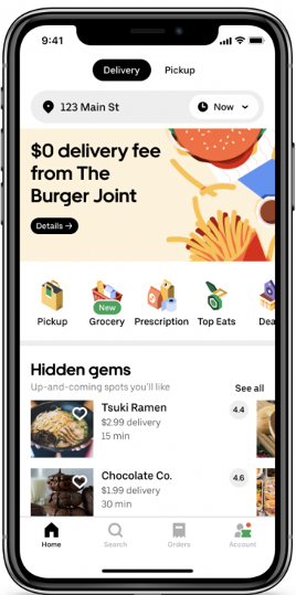 :img Two screens of the Uber Eats app. The home page to the left and a map view to the right,120%, width