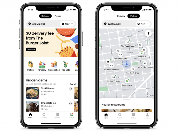 :img Two screens of the Uber Eats app. The home page to the left and a map view to the right,120%, width