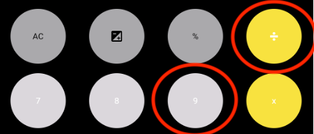 :img A cropped picture of a simple calculator showing with a white on greysnd white on yellow button highlighted to show contrast issues