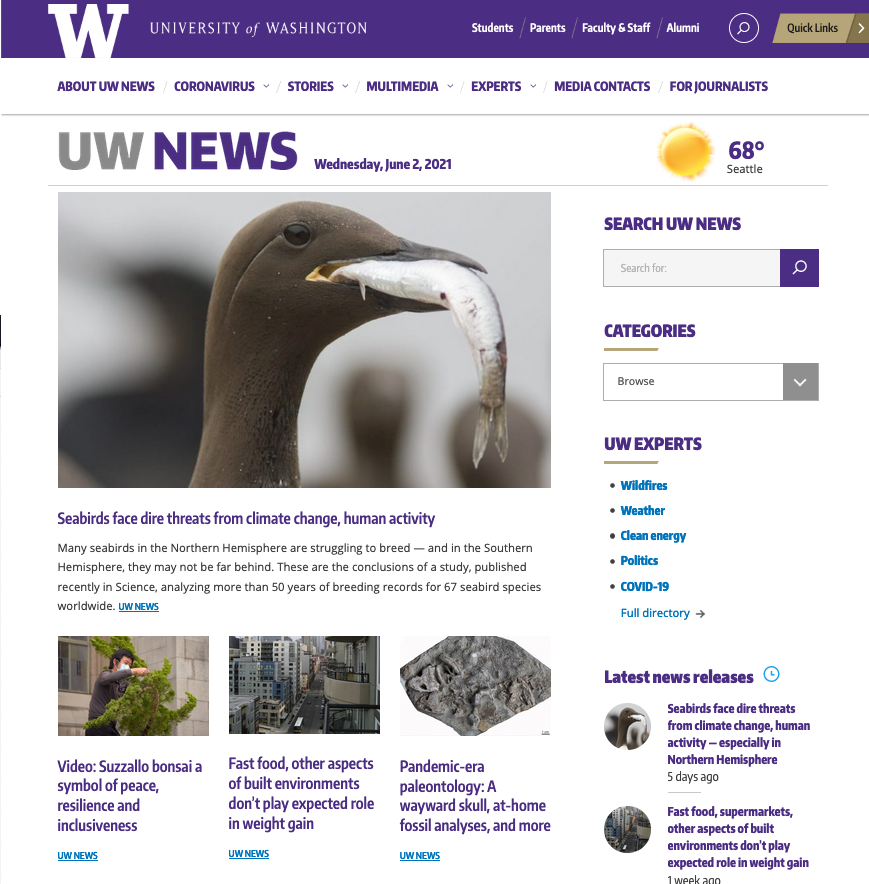 :img Screen capture of the UW news front page, 60%,width