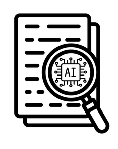 The icon for the Allen School's 'AI as a Reference Tool' policy, showing a magnifying glass over a stack of paper. In the magnifying glass we see a computer chip labelled 'AI.'