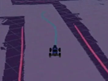 A MuSHR car drives through a hallway with a path planned in front of it.