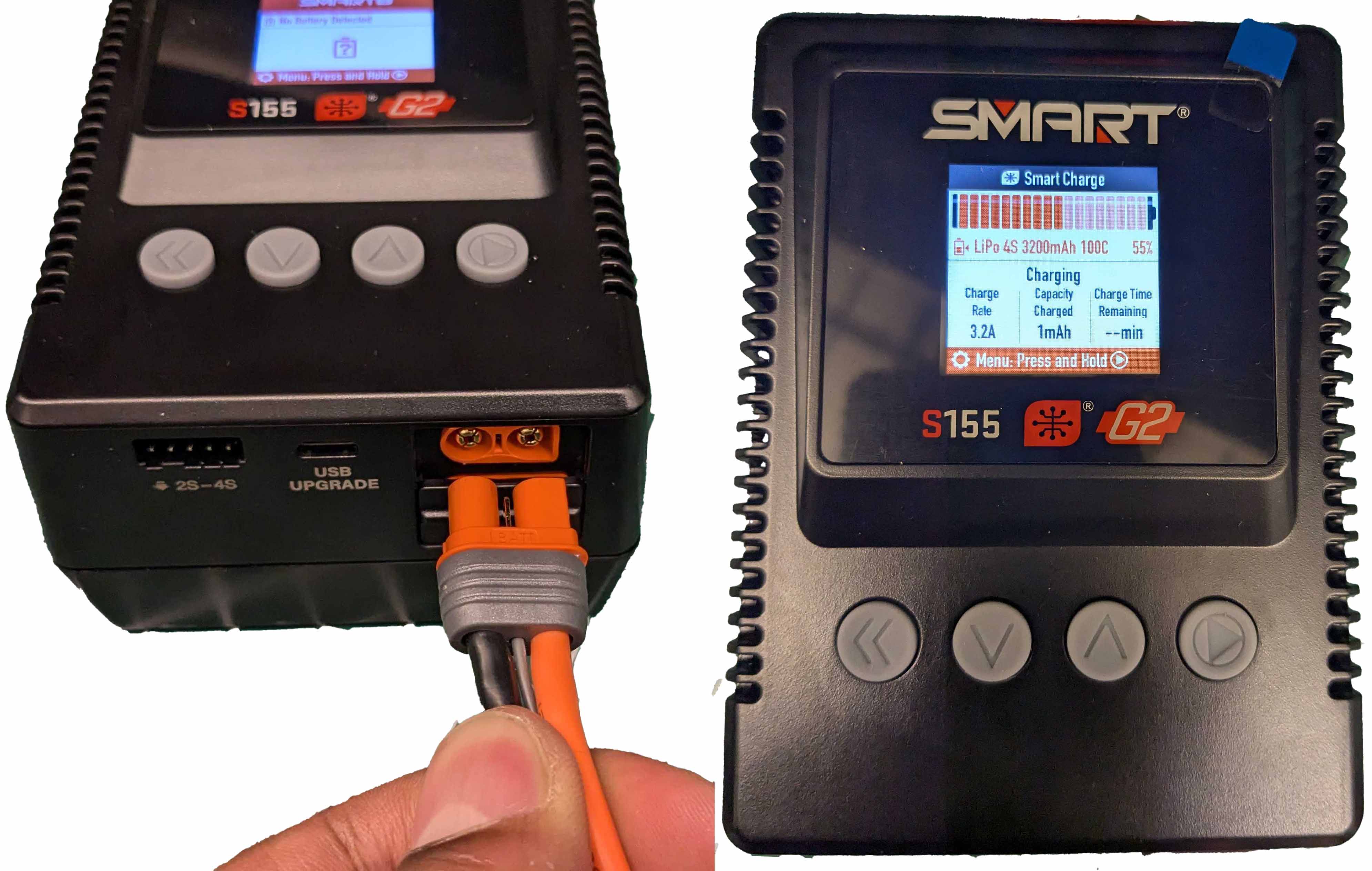 Plug the battery into the upper port, and wait for the screen shown on the right to show up.