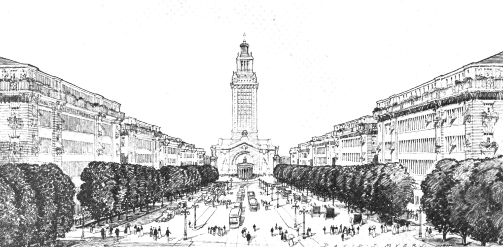 From 'The Seattle that might have been' by the Seattle Times: Virgil Bogue’s 'Plan of Seattle' was inspired by the design of European cities. His proposal called for leafy, radial boulevards that would converge on a Beaux Arts Civic Center. Voters rejected the proposal in 1912. (Seattle Municipal Plans Commission / Seattle Public Library)