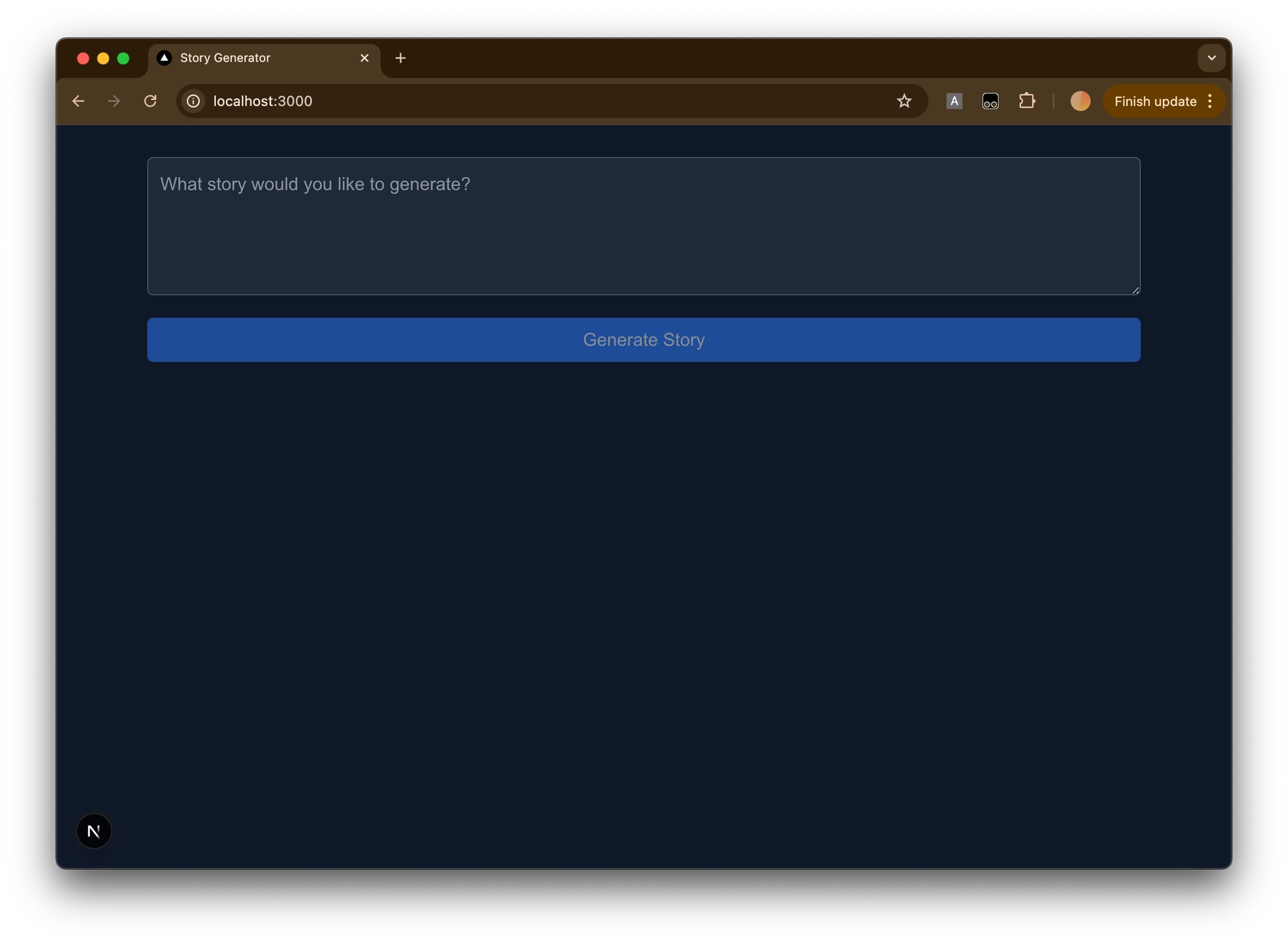 Screenshot of a Story Generator development prototype webpage, showing a prompt entry box and a button to generate a story.