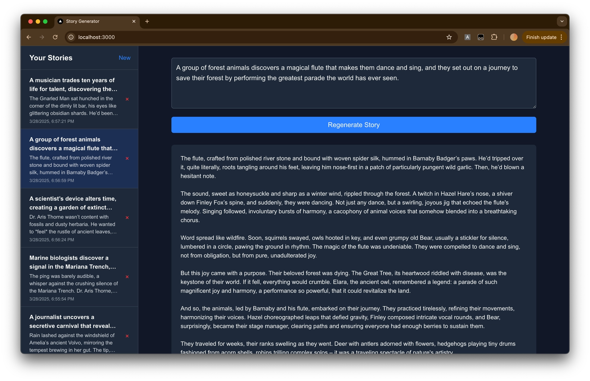 Screenshot of the Story Generator webpage, showing a list of past stories on the left. The second story is selected. On the right, there is a prompt entry box, a button to regenerate the story, and story content corresponding to the selected story.