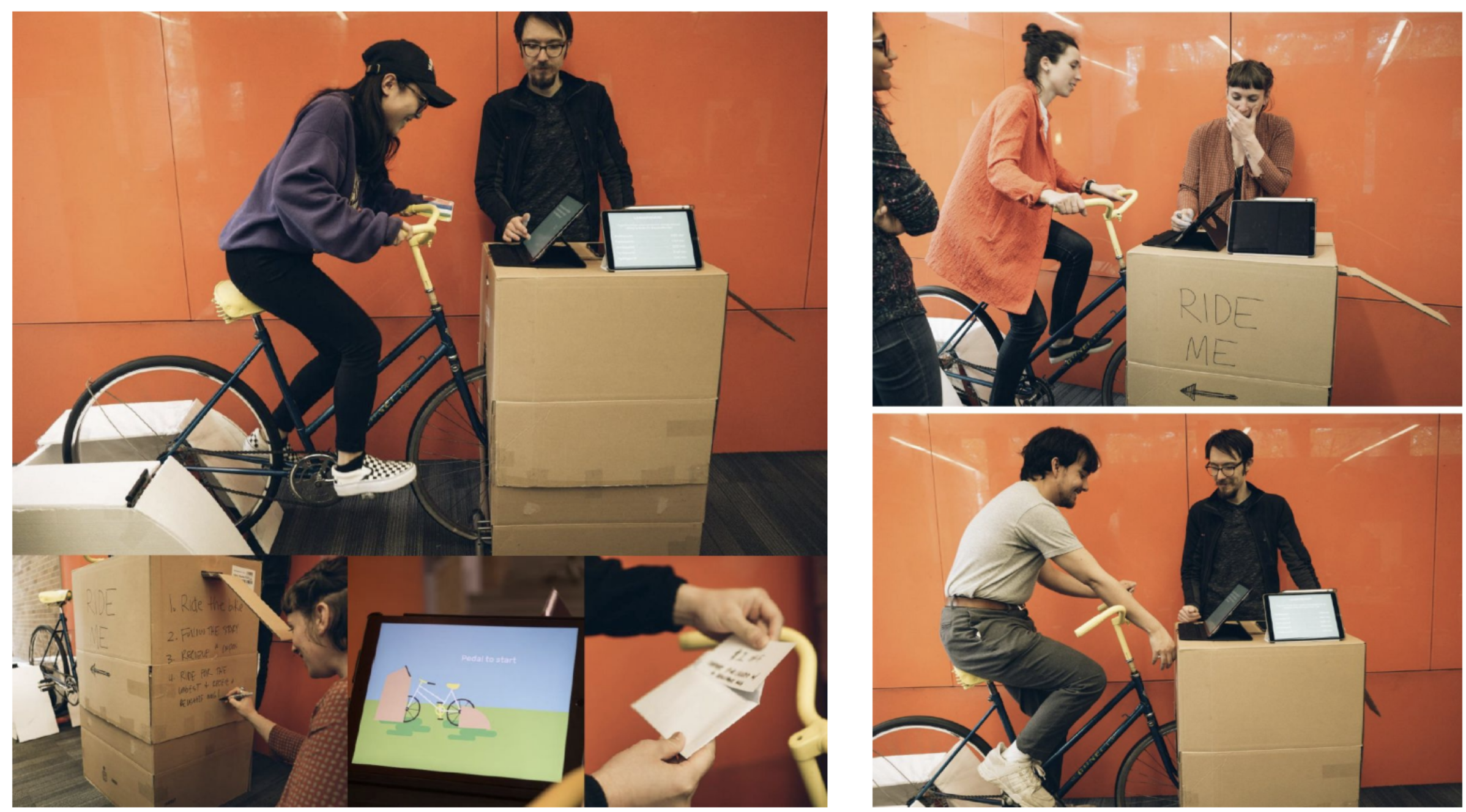 A set of four panels shows a person riding a bike in a cardboard kiosk. a cardboard screen is visible with an image on it. A wizard updates and points at things to react to the users actions