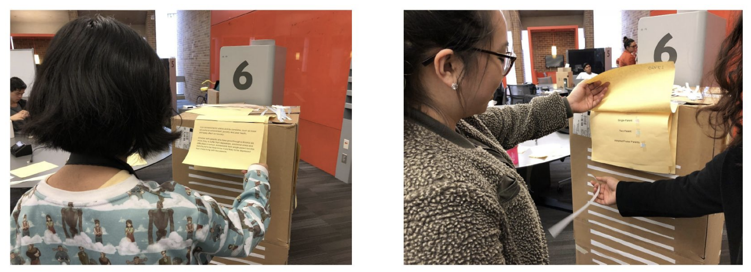 :img Two panels. The first shows a person walking up to a kiosk made of paper and cardboard and interacting it. The second shows a wizard modifying the kiosk to make it react to the user, 60%, height