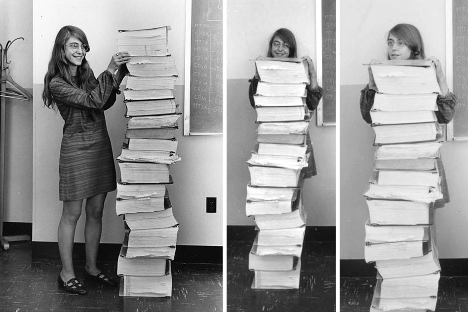 Computer scientist Margaret Hamilton poses with the Apollo guidance software she and her team developed at MIT. Source: MIT News Office