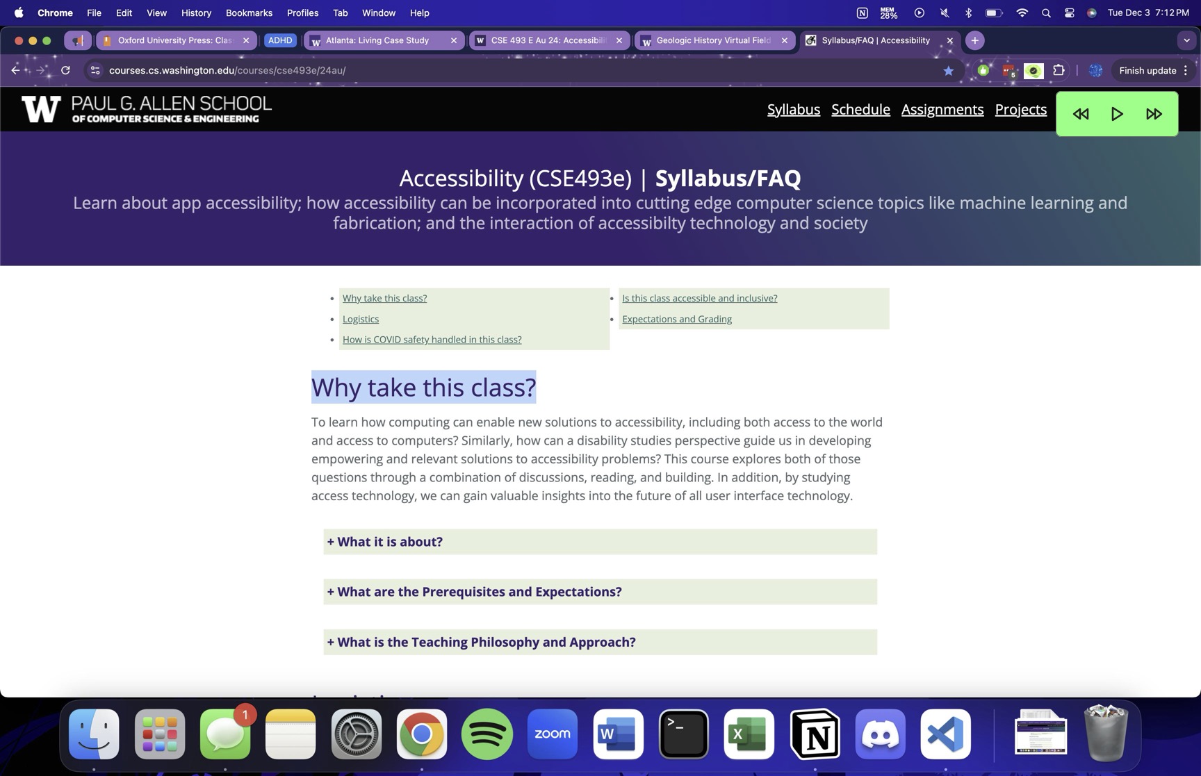 A screenshot of the webpage and syllabus for CSE493e (accessibility). In the upper right corner is a bright green popup with a reverse, play, and fast forward symbol. Above that, in the extensions bar, is a small green logo of a brain. On the main page, the text "Why take this class?" is highlighted.