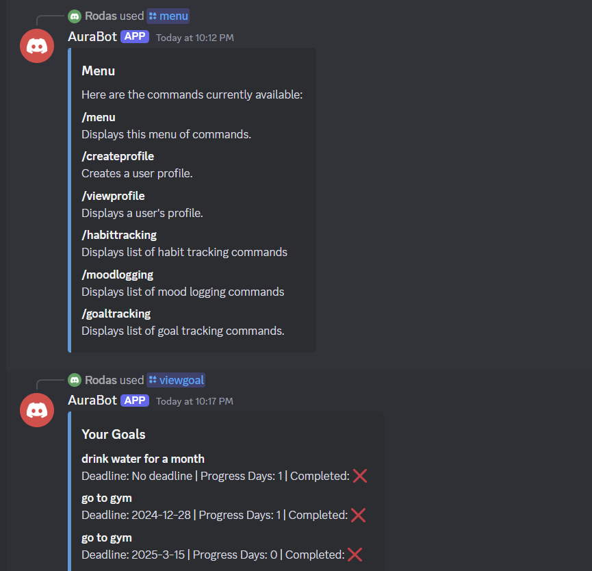 Screenshot of a Discord chat showing AuraBot's available commands after using the /menu command. The bot lists commands such as /menu to display the menu, /createprofile to create a user profile, /viewprofile to view a profile, /habittracking to list habit tracking commands, /moodlogging to list mood logging commands, and /goaltracking to list goal tracking commands.