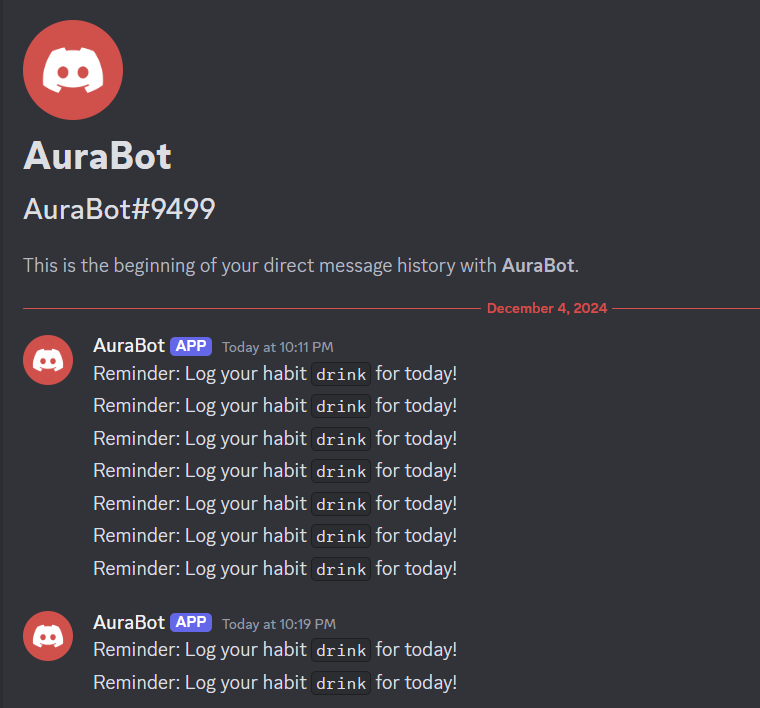 Screenshot of a Discord direct message conversation with AuraBot. The bot repeatedly sends reminders saying, 'Reminder: Log your habit drink for today!' at two different timestamps: 10:11 PM and 10:19 PM. Each reminder emphasizes the habit 'drink' for tracking.