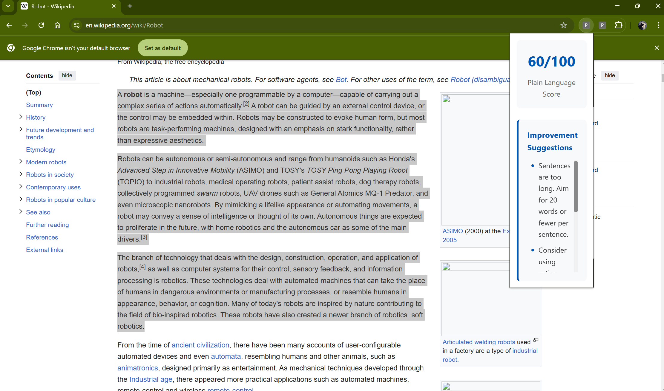 Screenshot showing the Plain Language Scorer extension analyzing text selected in the Robots Wikipedia Page with a popup in the top right corner displaying Plain Language score of 60/100 in Large blue font and suggestions displayed in a suggestion box. The shown suggestion reads: "Sentences are too long, aim for 20 words or fewer per sentence