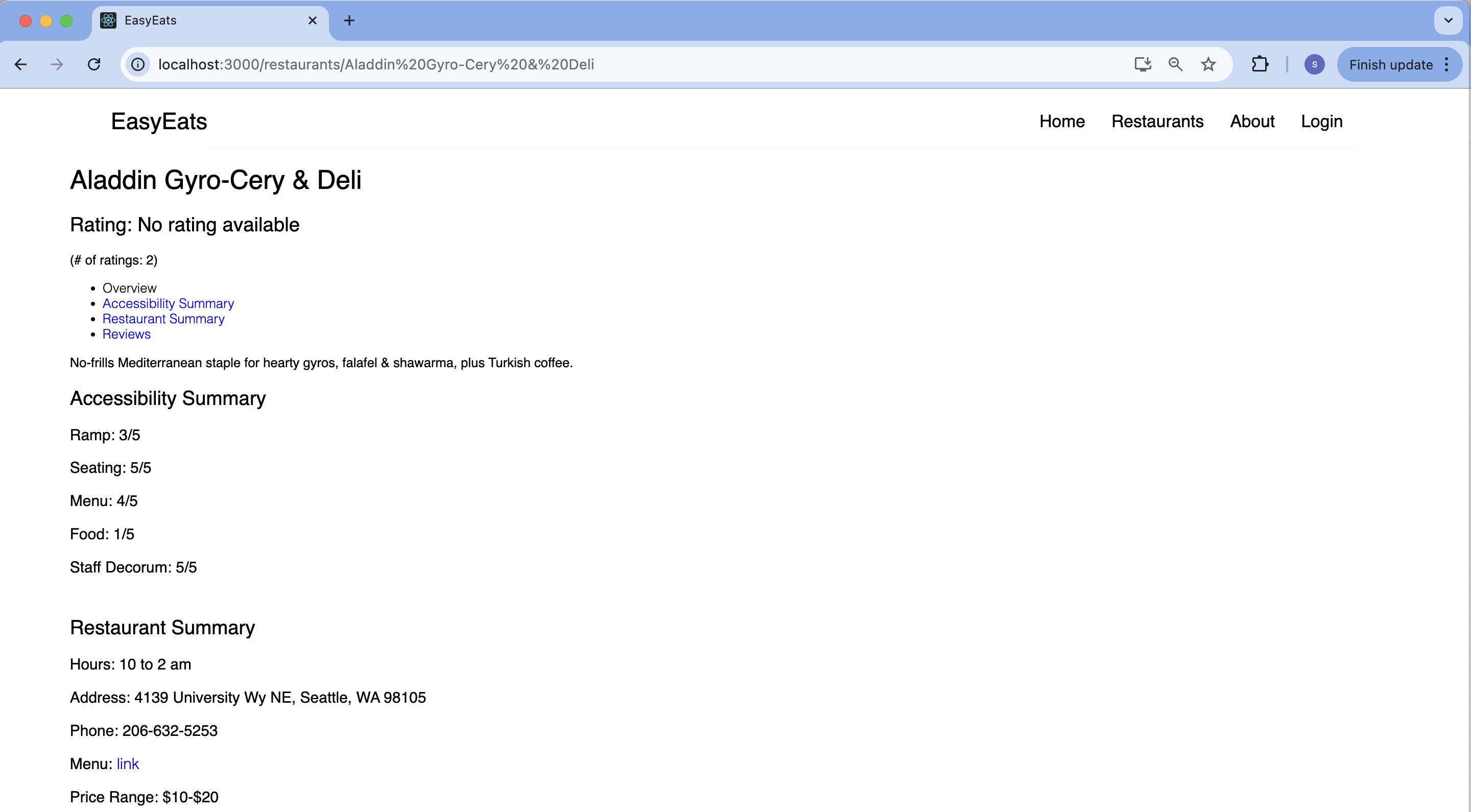 A screenshot of EasyEats website with a page titled “Aladdin Gyro-Cery & Deli”. It lists its accessibility ratings in the following categories: Ramp, Seating, Menu, Food, and Staff Decorum. It also includes restaurant summary with information related to hours, 
    location, phone number, menu, and price rang.