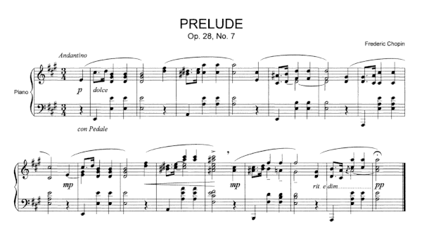 Modern staff notation of Frederic Chopin's Prelude (opus 28, number 7). The sheet music has a piano part with two lines of sheet music notation in black and white.