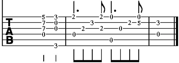 A piece of sheet music notated as 6-string guitar tabs. It has only 3 measures in black and white, with no title or composer listed.