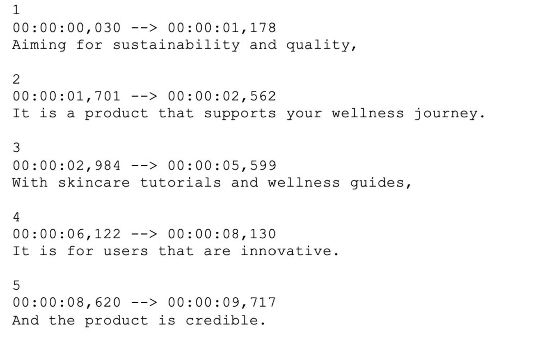 A screenshot of the plaintext video transcript after it has been processed by the PlainScribe application. Each line includes a timestamp of the video and has the simplified captions below.