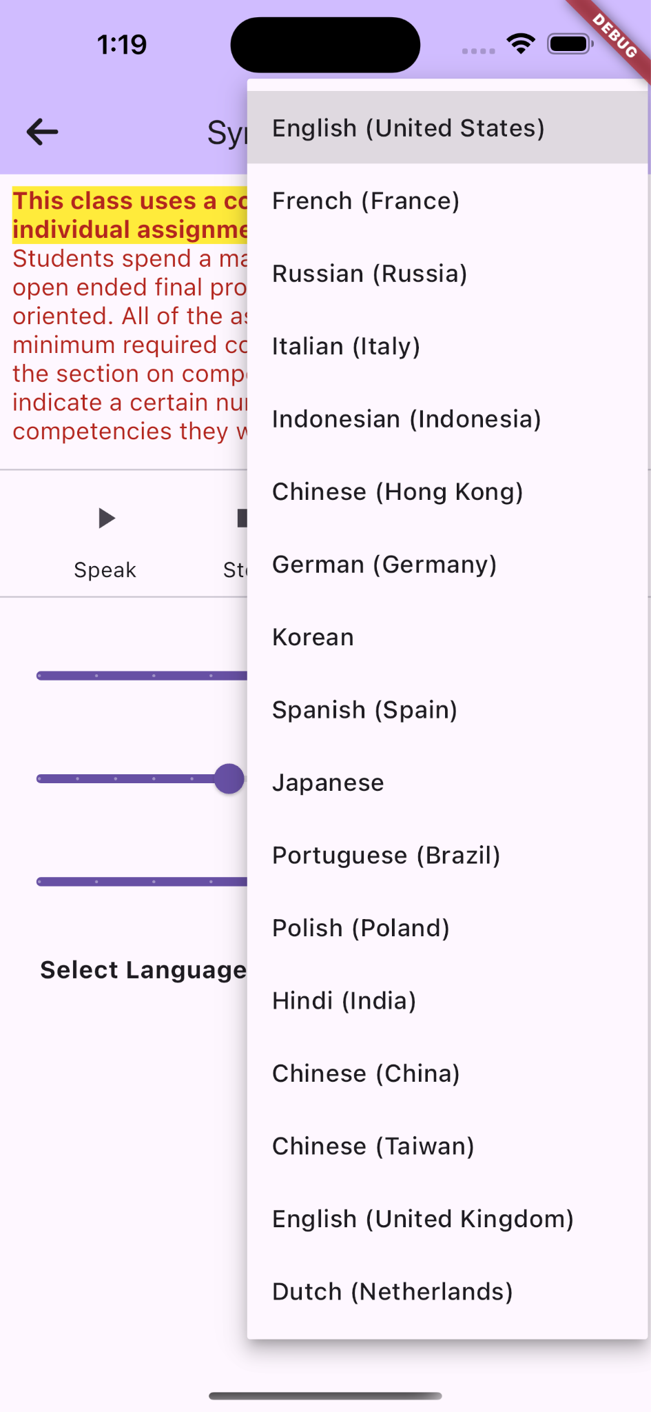 A screenshot of an iOS mobile application titled "Synthesize Voice" with a back button on the title's left, similar to the right image in the second row. The texts and layouts, including the font sizes, remained the same compared with the right image in the second row. The only difference is that the dropdown menu labeled "Select Language" is expanded, showing a list of language options including "English (United States)" (selected), "French (France)," "Russian (Russia)," and other languages, such as "Spanish (Spain)" and "Japanese." The app has a light purple theme with a red background banner and "debug" in white text on the top right.