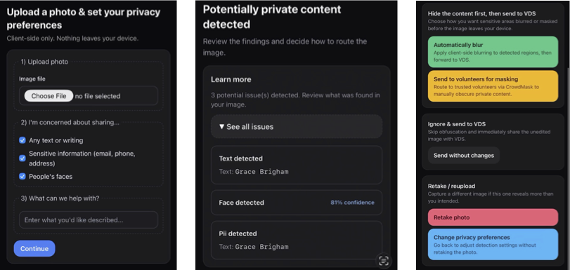 Three screenshots of a phone screen for uploading an image, analyzing it, and seeing potential privacy violations, with three groups of options for next steps.
