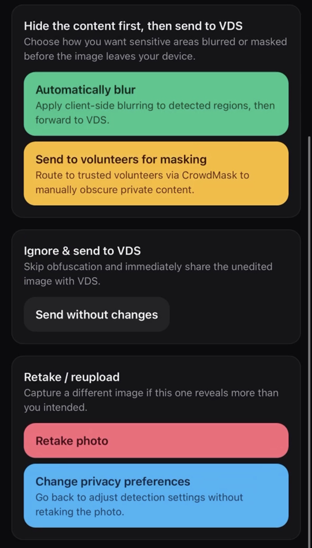 A screenshot of a phone screen on the results page, with the three groups of options for next steps shown. The user can hide the private content detected and send to a VDS by automatically blurring or masking the content with volunteers. They can also ignore the results and send the photo directly to the VDS. Alternatively, they can retake the photo or rerun the detection with different privacy preferences. Each option appears as a rounded rectangular button in a distinct color.