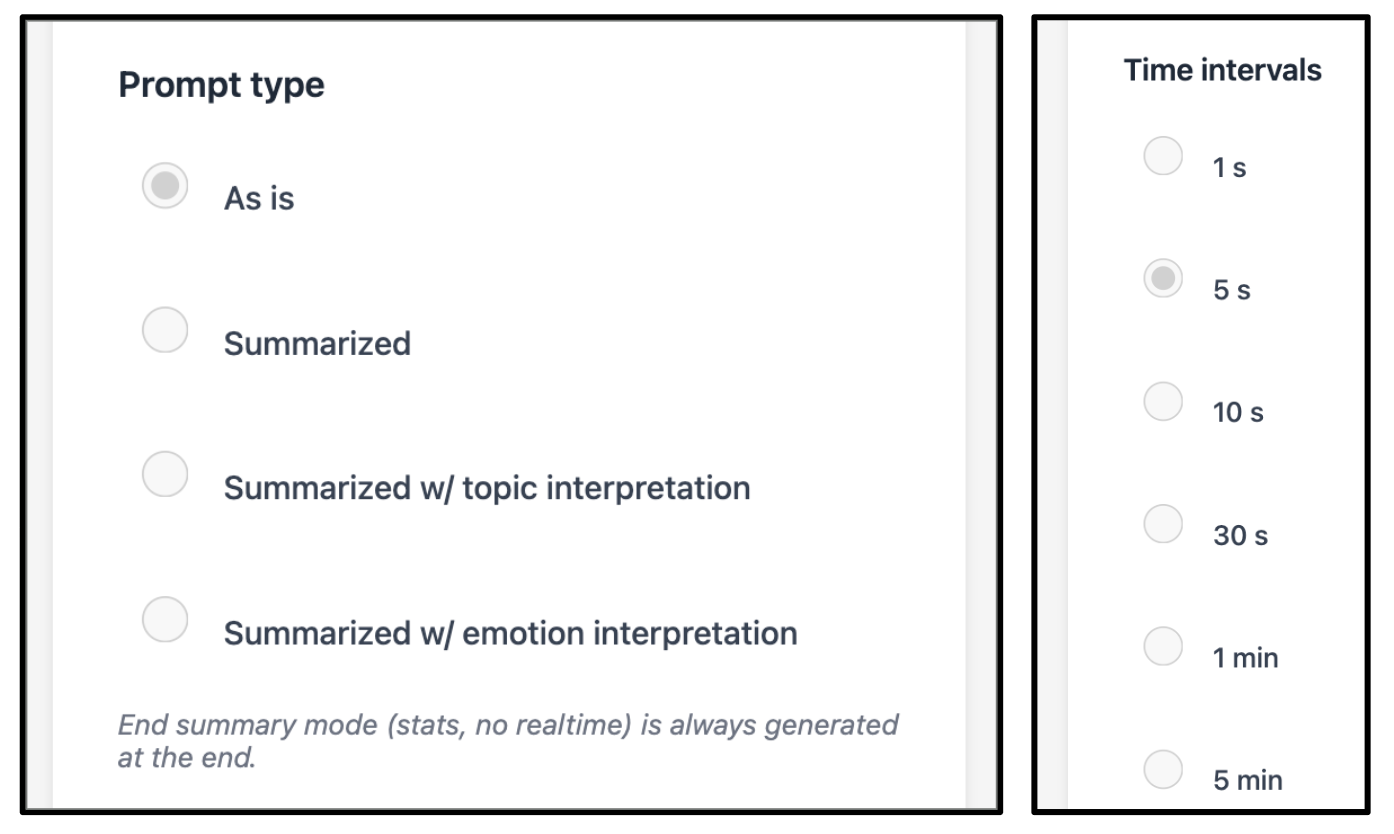 Two aspects of the interface. On the left, settings menu titled 'Prompt type' showing four radio button options: 'As is' (selected), 'Summarized', 'Summarized w/ topic interpretation', and 'Summarized w/ emotion interpretation'. Below the options is italic text stating 'End summary mode (stats, no realtime) is always generated at the end. On the right, settings menu titled 'Time intervals' showing six radio button options for response frequency: '1 s', '5 s' (selected), '10 s', '30 s', '1 min', and '5 min'.      Screenshot of the Accessible Live Streaming Assistant web dashboard: Form inputs on the left and a scrollable live summary panel on the right.