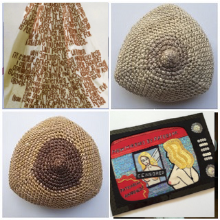 :img A picture of two embroidered articles. The first dates back to 1890 and is the work of a German seamstress who had been consigned to an asylum. embroidered script in German is visible on a hanging piece of cloth. The second is an embroidered tv. Inside it is an image of a naked woman looking into a mirror with the word /Censored/ over her breasts where they show on the mirror. The image says /new mirrors by Facebook/ and /patriarchy approved/, 100%, width