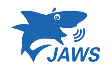 :img JAWS logo. A blue shark; with talking rings over blue text that reads JAWS, 30%, width
