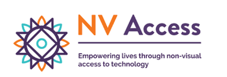 :img NVAccess logo. geometric shapes intermix in orange blues and purple. text reads; NVAccess empowering lives through non-visual access to technology, 50%, width