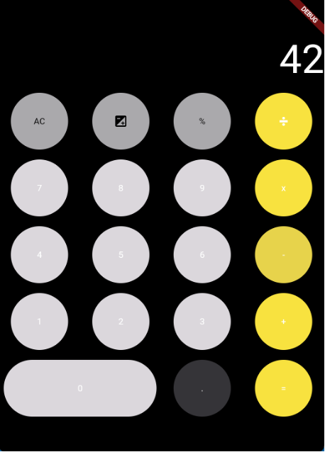 :img A picture of a simple calculator showing the number 42. The background is black, the buttons are light grey and grey and yellow, and the text on them is in white