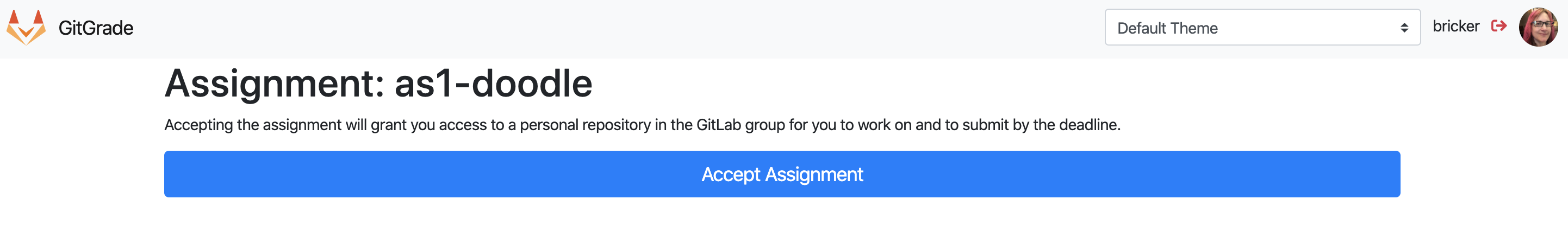 Gitgrade accept assignment page, assignment not accepted yet, 50%