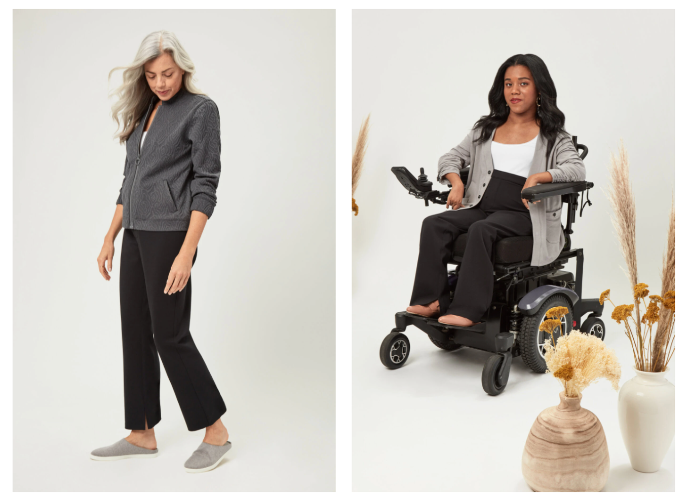 :img Two pictures of women wearing a grey cardigan and black pants. One is a white woman standing looking over her left shoulder as her white blond hair waves in the wind. She stands on a white featureless background. The other has brown skin and black hair and is posed in a wheelchair. Two pots with arrangements of dried flowers set the scene, 80%, width